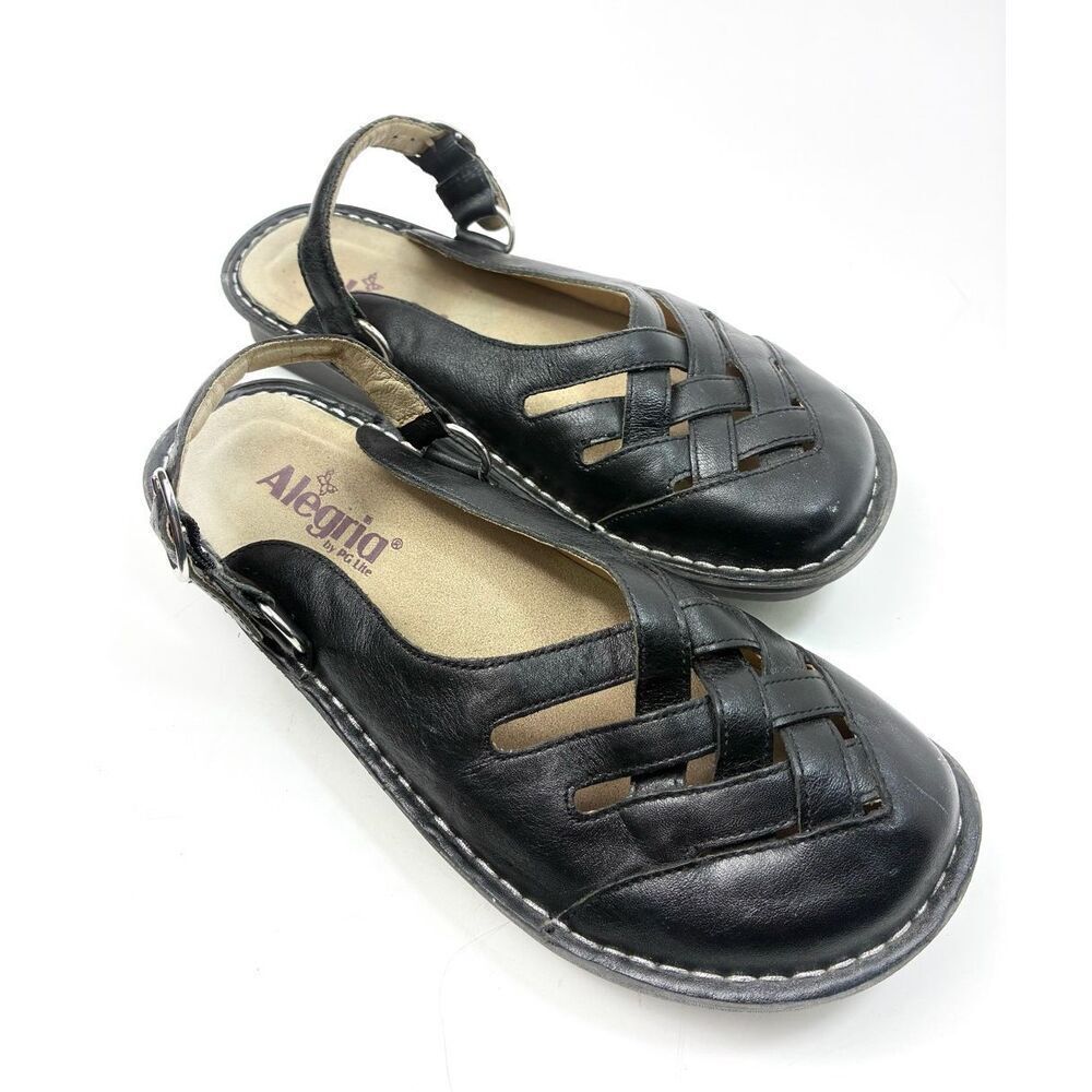 Alegria Fre 6 Black Leather Woven Toe Clog Sandals Sz 9 US/39 EU